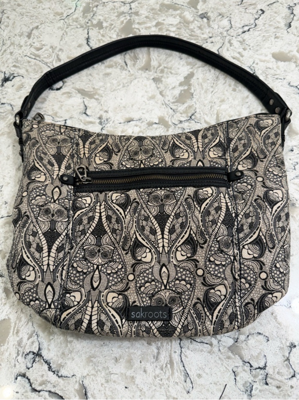 Sakroots Black & Cream Soulful Dove Print Shoulder Hobo Bag from Artist Circle